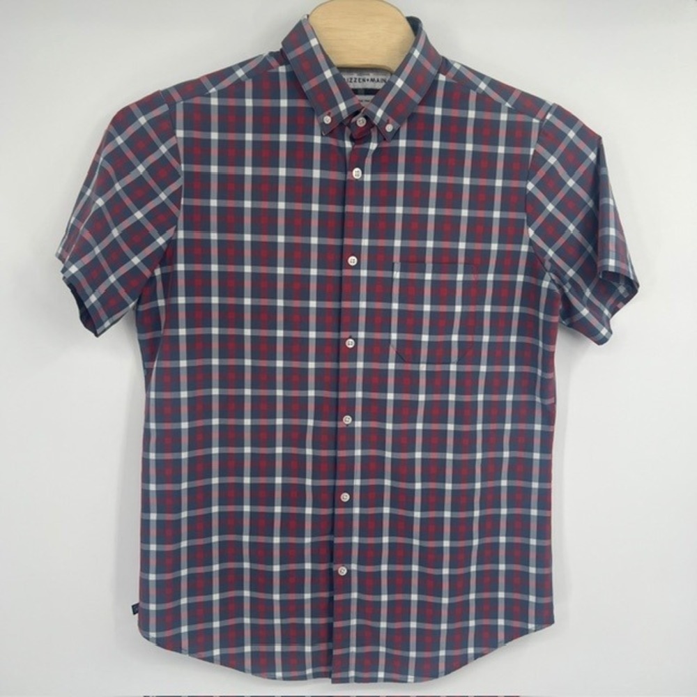 Mizzen+Main Leeward Shirt XL Trim Fit Red‎ Blue White Plaid Short Sleeve